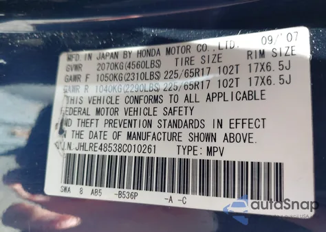 2008 Honda Cr-V Ex from USA, damaged, VIN JHLRE48538C010261